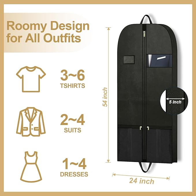 Large Heavy Duty Clothing Storage and Travel Garment Bag, Hanging Clothes Protector with Breathable Zippered Closet Organizer, Perfect for Suits Dresses Moving and Black Fabric Design