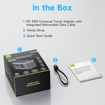 Minthouz Universal Travel Adapter, International 35W Power Adapter GaN Fast Charger with 3 USB-C PD & Cable & 1 USB-A Ports, All-in-One Portable AC Power Plug Adapter for USA EU UK AUS and More