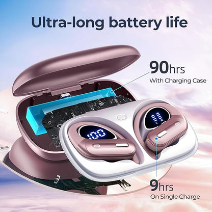 Active Noise Cancelling Wireless Earbuds Bluetooth Headphones 90 Hrs Playtime Ear Buds with Power Display Over-Ear Earphones with Earhooks IPX7 Waterproof Stereo Transparency Headset for Sports/Gym