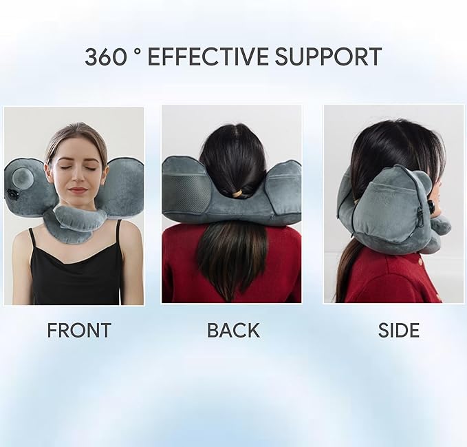 Inflatable Travel Neck Pillow for Airplane & Long Flights | 360° Cervical Support | Ultra-Compact & Lightweight with Washable Velour Cover | Easy Manual Pump Inflation