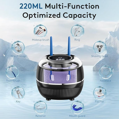 Ultrasonic Retainer Cleaner Machine, 48kHz Dental Cleaning Pod for Night Guards, Mouth Guards, Aligner, Braces, Toothbrush, Jewelry, Ultrasonic Dentures Cleaner with Digital Timer, 220ML, Black