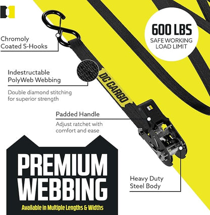 DC Cargo Mall Ratchet Straps Tie Downs 4 Pack (1,800 LB Break Strength) 1" x 15 Feet Tie Down Straps with Safety Lock S Hooks for Cargo, Trucks, Appliances, Moving.
