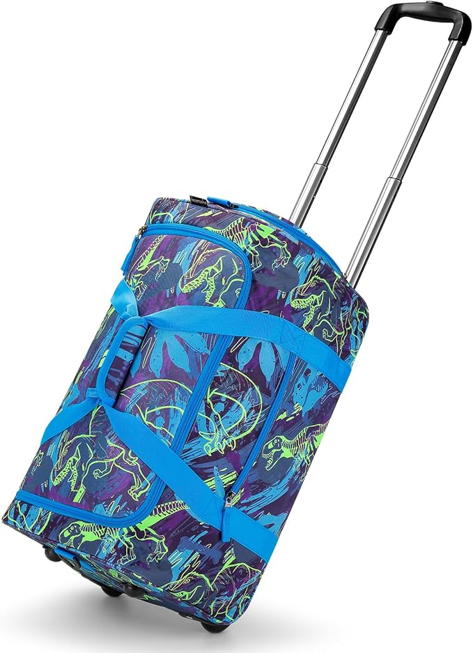 Choco Mocha Boys Dinosaur Suitcase with Wheels Kids Blue Rolling Duffle Bag for Camping Teen Boys Toddler Luggage Bag for Travel, 22inch
