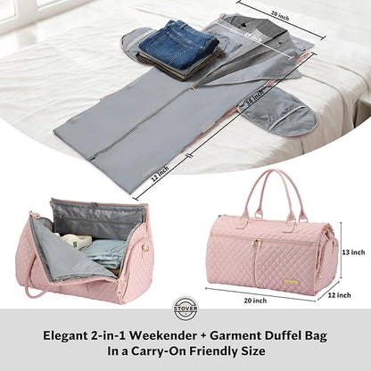 STOVER Women’s Convertible Garment Duffel Bag for Travel – 2-in-1 Carry-On Weekender/Overnight Tote - Wrinkle-Free Dresses, Hanging Suits & Clothes Plus Shoe Compartment & Bonus Toiletry Bag (Pink)