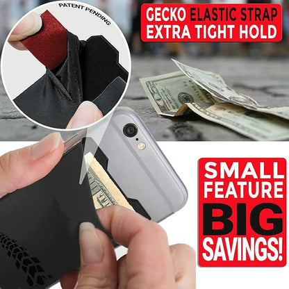 Gecko Travel Tech Double Pocket - Adhesive Card Holder - Cell Phone Pouch - Stick on Spandex Pocket - Carry Credit Cards and Cash (Gray - TIRE)