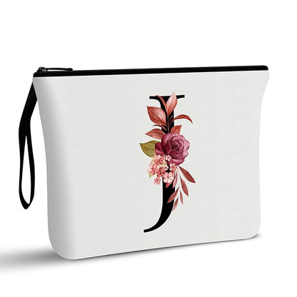 Vavabox A-Z Personalized Makeup Bag, Birthday Gifts for Women Mom, Gifts for Best Friend, Bride Bridesmaid Cosmetic bag (J, White)