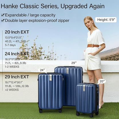 Hanke 29 Inch Expandable Checked Luggage Lightweight PC Hard Shell Luggage Suitcases with Wheels Travel Luggage Rolling Large Suitcase Travel Luggage Bag for Study Abroad.(Dark Blue)