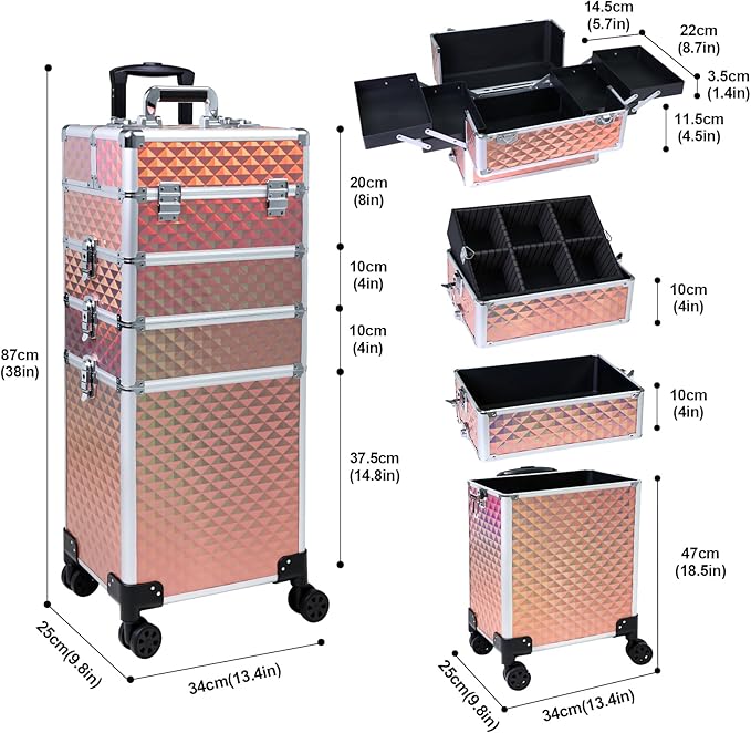 Professional Rolling Makeup Case, Cosmetology Case on Wheels 4 in 1 Large Cosmetic Train Case, Ideal Gift for Hairstylist, Nail Techs, Portable Beauty Organizer for Travel or Salon Use