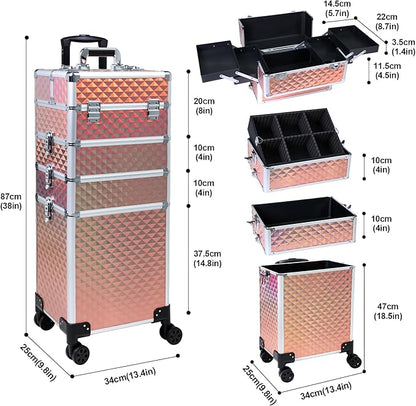 Professional Rolling Makeup Case, Cosmetology Case on Wheels 4 in 1 Large Cosmetic Train Case, Ideal Gift for Hairstylist, Nail Techs, Portable Beauty Organizer for Travel or Salon Use