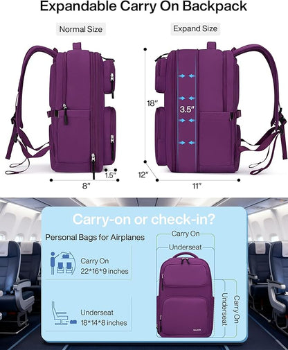MILADA Expandable Travel Backpack 28L to 39L, TSA-Approved Carry On Backpack with 17 Inch Laptop Compartment, School Business Work Backpack for Men & Women, Purple
