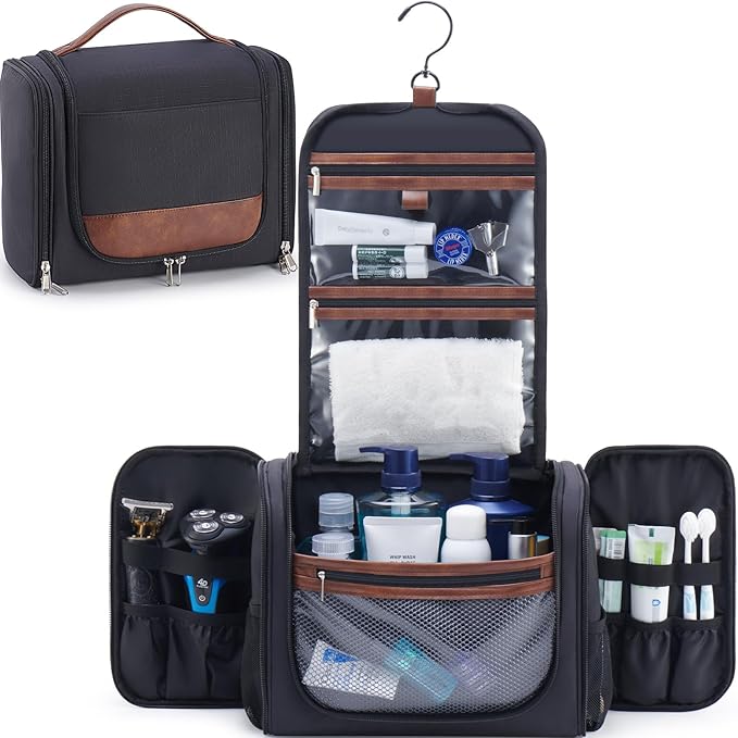 Large Hanging Toiletry Bag for Men, Travel Bathroom Bag with Hook, Hygiene Bag Organizer for Shower, Shaving & Grooming Essentials, Black