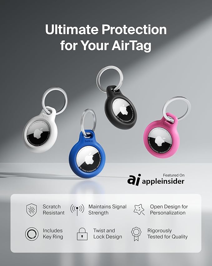 Belkin Apple AirTag Secure Holder with Key Ring, Durable Scratch Resistant Case With Open Face & Raised Edges, 2 count (Pack of 1)