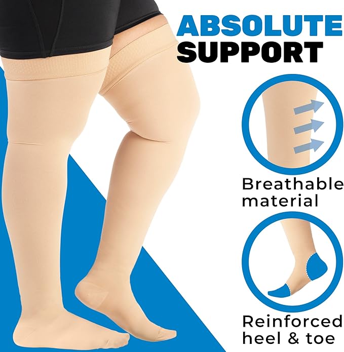 ABSOLUTE SUPPORT Wide Calf Compression Stockings 20-30mmHg - Plus Size Opaque Thigh High for Women & Men Circulation, Varicose Veins, Swelling, Lymphedema, Knee Surgery - Beige, 2X-Large