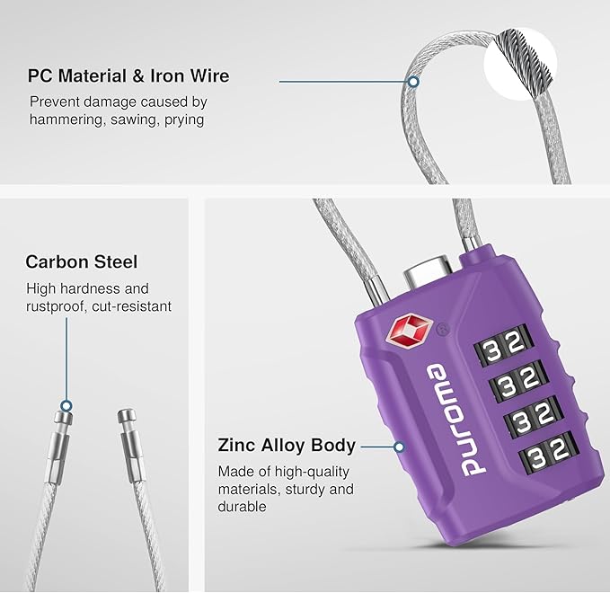 Puroma 2 Pack TSA Approved Luggage Locks, 4 Digit Combination Travel Locks Resettable Code Lock with Zinc Alloy Body for Suitcase, Toolbox, Backpack, Bag, Gym Locker (Basic Purple Dark)