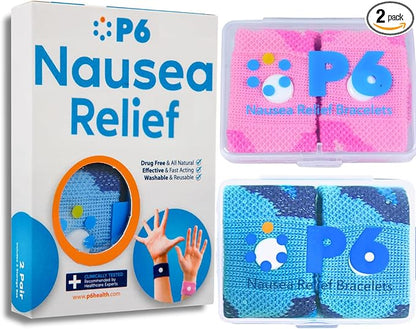 P6 Motion Sickness Bands for Adults Wristbands for Anti Nausea Sea Cruise Travel Car Pregnancy Morning Sickness All-Natural Non Drowsy Relief Acupressure Treatment (2 Pack Pink - Blue)