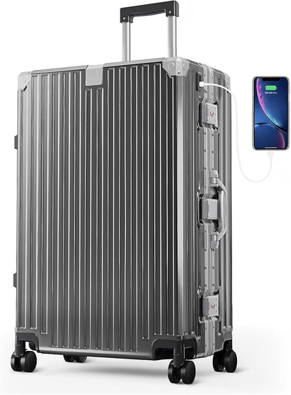 ALPHA CAMP Checked 28 Inch Luggage, Thickened Aluminum Frame Luggage with TSA Spinner Wheels, 3-Layer PC Hard Shell Zipperless Lightweight Travel Suitcase, TypeC USB Charging Port, Cup Holder Grey