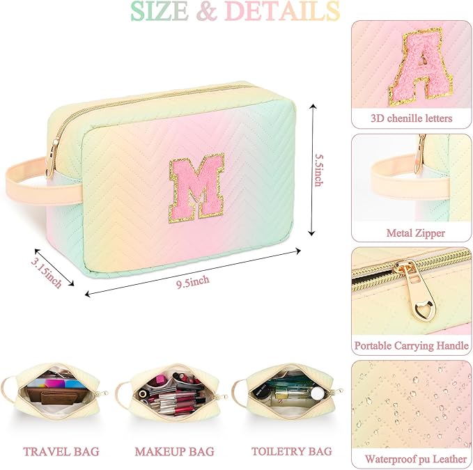 Personalized Initial Makeup Bag Trendy Stuff Leather Waterproof Cosmetic Bag Travel Toiletry Bag, Christmas/Thanksgiving/Halloween Gifts Makeup Organizer Case for Women Girls Mom Girlfriend Wife