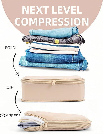 Compression Packing Cubes for Travel, 6-Piece Set (L/M/S), Double-Zip Luggage Organizers with Mesh Panels, Space-Saving Clothes Storage Bags for Suitcase & Carry-On (6 Pack, Mist Khaki)