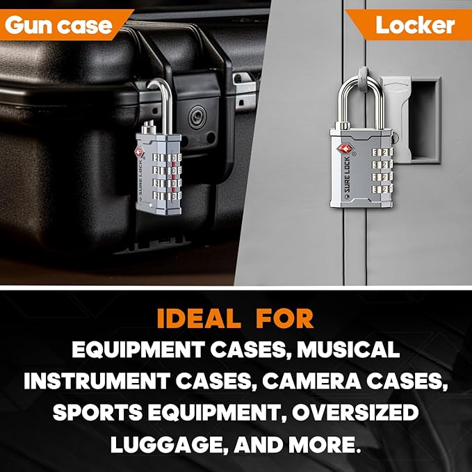 SURE LOCK TSA Accepted Combination Luggage Padlock for Gun Cases, Transporting Equipment Cases in Trade Show, Music and Medical Industries (2, Silver)