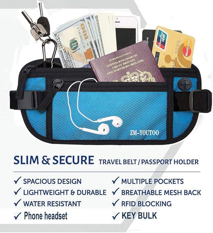 Money Belt for Travel - Hidden Travel Pouch Protect Your Credit and Money With RFID Blocking Passport Holder Waist Wallet (Blue)