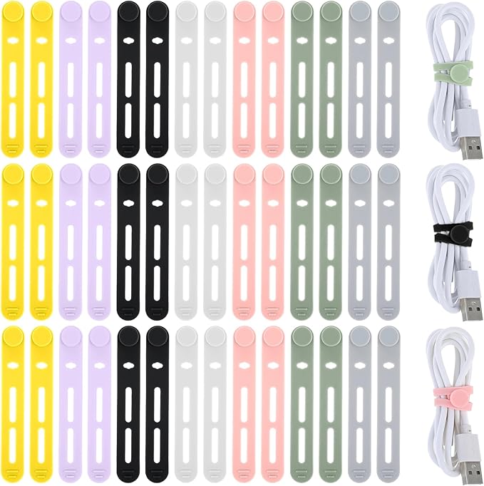 42 PCS Silicone Cable Ties Reusable, Silicone Cord Ties Reusable Cord Keeper Organizer for Office, Multipurpose Elastic Cable Silicones Wire Tie for Bundling Fastening Earphone Phone Charging Cords