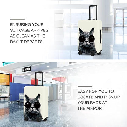 Cool Cat Luggage Protector, Washable Suitcase Cover with Sunglasses Feline Design Anti-scratch for 32",34"Bag