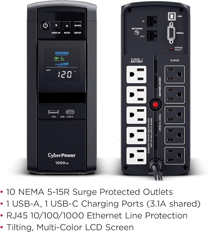 CyberPower CP1000PFCLCD PFC Sinewave UPS Battery Backup and Surge Protector, 1000VA/600W, 10 Outlets, AVR, Mini-Tower; UL Certified