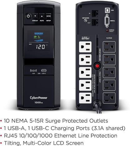 CyberPower CP1000PFCLCD PFC Sinewave UPS Battery Backup and Surge Protector, 1000VA/600W, 10 Outlets, AVR, Mini-Tower; UL Certified