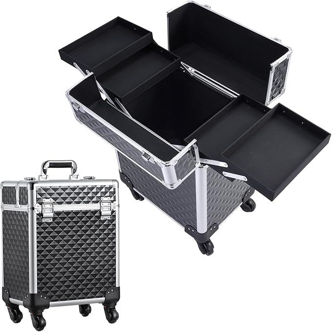 Rolling Makeup Train Case Large Cosmetic Trolley Organized Aluminum Barber Case for Hairstylist Makeup Nail Tech Salon with Keys Swivel Wheels Traveling Cart Trunk - Black