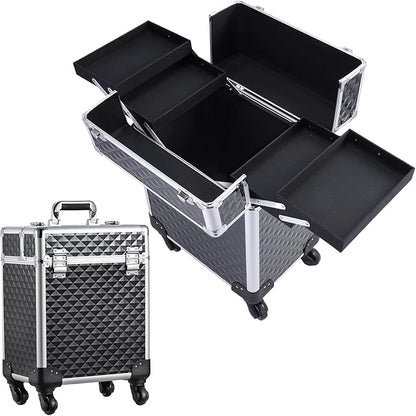 Rolling Makeup Train Case Large Cosmetic Trolley Organized Aluminum Barber Case for Hairstylist Makeup Nail Tech Salon with Keys Swivel Wheels Traveling Cart Trunk - Black