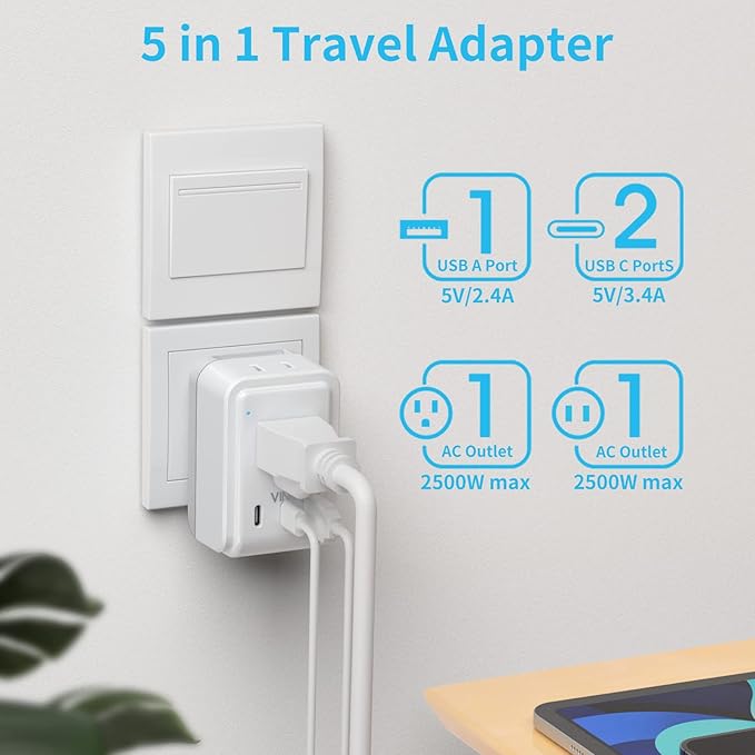 South Africa Power Adapter Kit, VINTAR International Plug Adapter with 3 USB Ports (2 USB C, 3.4A) 2 American Outlets, Type M,G,E/F Detachable Attachments, Adapter for US to Africa Botswana Morocco