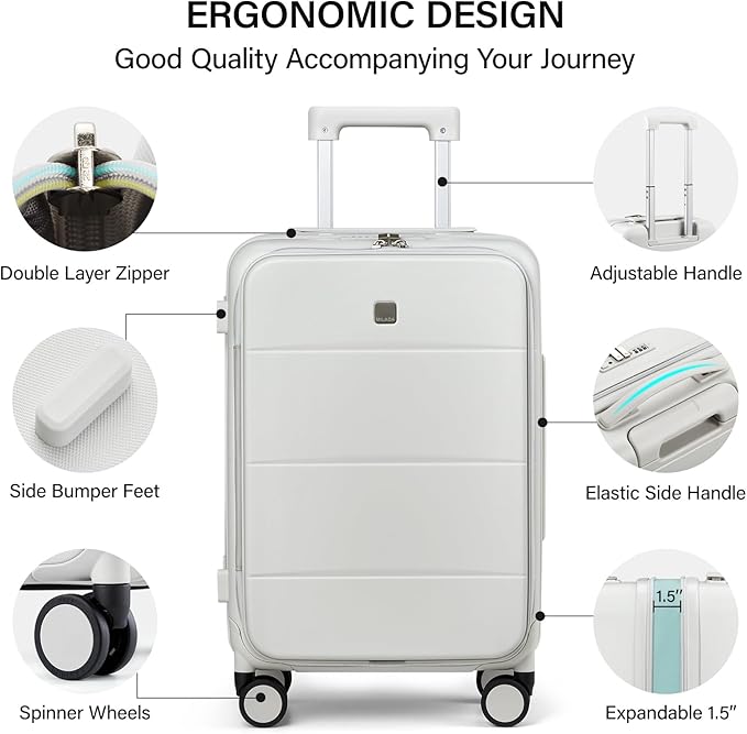 MILADA 20 Inch Expandable Top Opening Carry On Luggage 22x14x9 Airline Approved, Lightweight Hard Shell Suitcases with Wheels, TSA Approved & Trunk Style Luggage for Travel, White