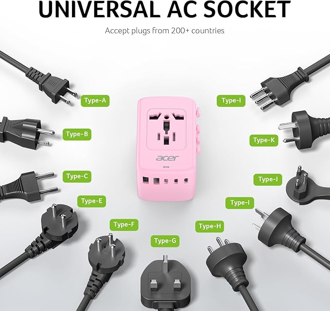 Acer Universal Travel Plug Adapter - International Power Adapter with 5 USB Ports (3 USB C) 5.8A, Worldwide Outlet Charger for USA to European UK France Germany Spain, Type C/E/F/G/I/L/A,Pink