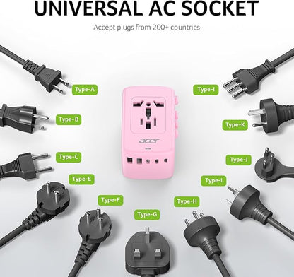 Acer Universal Travel Plug Adapter - International Power Adapter with 5 USB Ports (3 USB C) 5.8A, Worldwide Outlet Charger for USA to European UK France Germany Spain, Type C/E/F/G/I/L/A,Pink