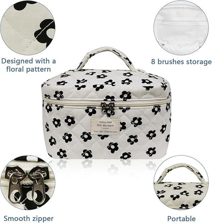 Large Makeup Bag, Cute Cosmetic Bag for Women Girls, Floral Coquette Aesthetic Toiletry Bag, Travel Make Up Organizer Bag (Black Flower)