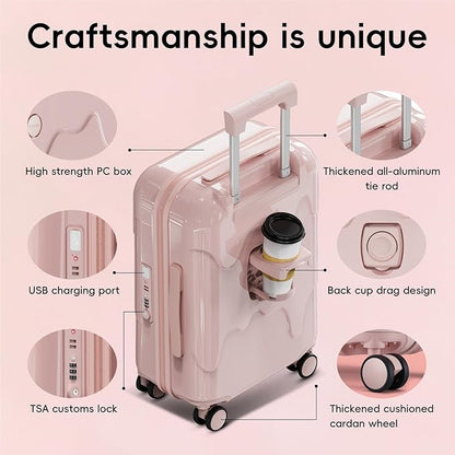 ROAMING 24 Inch PC Hard Sided Pink Checked Luggage with TSA Lock Cup Holder USB Charging Port and Spinner Wheels Lightweight Durable Ice Cream Travel Suitcase for Women Melt into Journeys