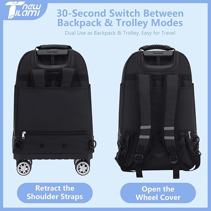 NEW TILAMI 19 Inch Rolling Backpack 360°rotating Universal Wheel, Large Organizer Compartments, Adjustable Handle, Carry on for School Students Business Travel, Ice-blue Rhombus Shadows