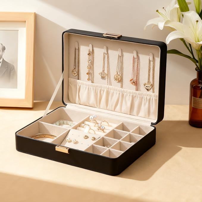 Jewelry Box, Portable Travel Jewelry Case Organizer with Removable Tray for Earrings, Necklaces, Rings Black
