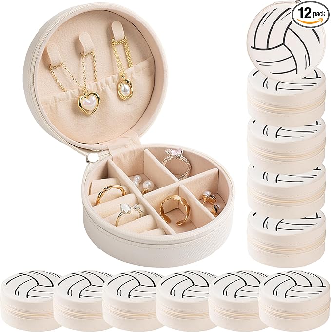 12-Pack Volleyball Mini Travel Jewelry Case Round Volleyball Stuff Portable Jewelry Organizer Storage Case for Christmas Sports Team Club Lovers Birthday Goodie Favors Gifts (Volleyball)