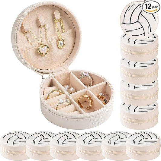 12-Pack Volleyball Mini Travel Jewelry Case Round Volleyball Stuff Portable Jewelry Organizer Storage Case for Christmas Sports Team Club Lovers Birthday Goodie Favors Gifts (Volleyball)