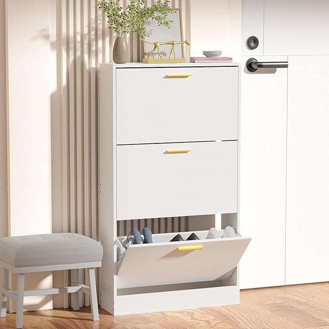 JOZZBY Shoe Cabinet Storage with 3 Flip Drawers for Entryway, White Slim Freestanding Modern Narrow Shoe Organizer Rack Cabinet for Hallway, Living Room
