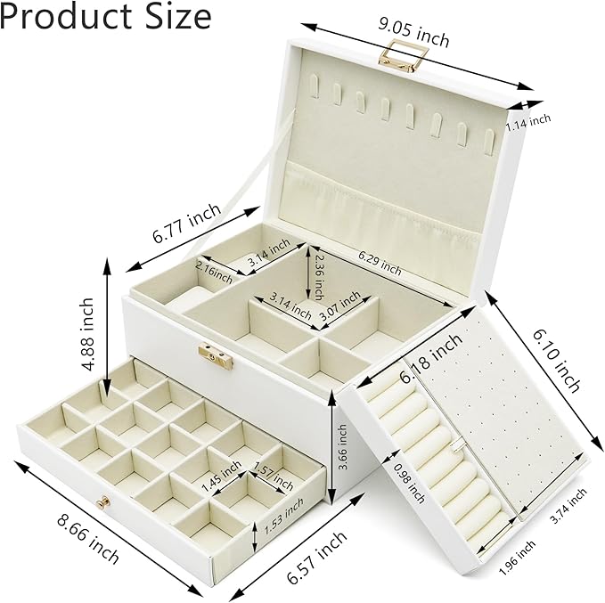Jewelry Organizer Box, Jewelry Box Organizers for Women Girls, Jewellery Display Holder, 3 Layers Large Leather Jewels Storage Case for Earring, Rings, Necklaces, Bracelets, Watch, Ideal Gift (White)
