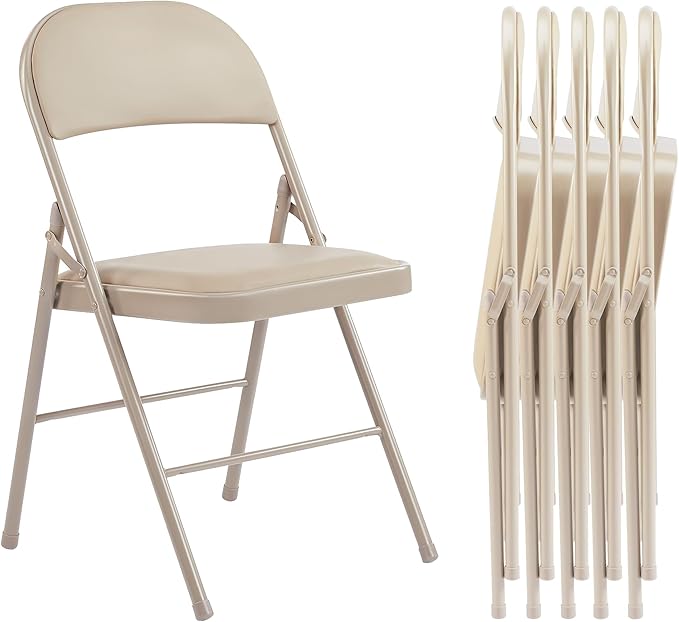 Folding Chairs 6 Pack, Portable Stackable Commercial Chair, Indoor Outdoor Padded Leather Chair with Sturdy Metal Frame, for Home, Office, or Party Events. (Kahki, 6 Pack)