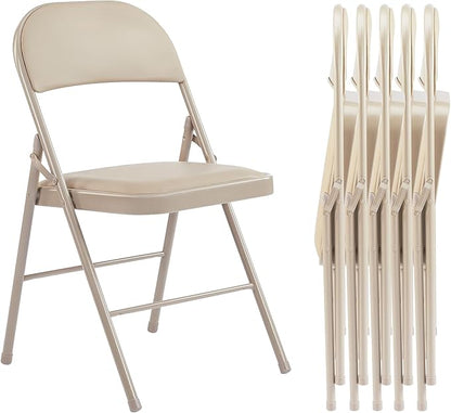 Folding Chairs 6 Pack, Portable Stackable Commercial Chair, Indoor Outdoor Padded Leather Chair with Sturdy Metal Frame, for Home, Office, or Party Events. (Kahki, 6 Pack)