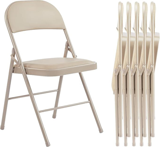 Folding Chairs 6 Pack, Portable Stackable Commercial Chair, Indoor Outdoor Padded Leather Chair with Sturdy Metal Frame, for Home, Office, or Party Events. (Kahki, 6 Pack)