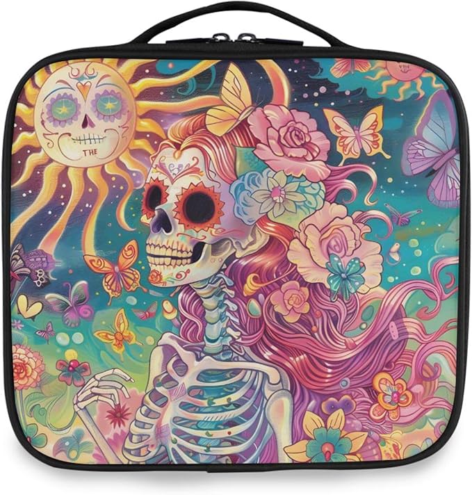 MNSRUU Travel Makeup Bag, Skeleton Woman with Flowers Women Makeup Case Organizer Cosmetic Toiletry Bag for Teenage Girl with Adjustable Dividers