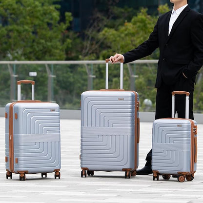 Romswi 3 Piece Luggage Sets, Expandable PC+ABS Hardshell Suitcase Set with TSA Lock YKK Zipper and Dual Spinner Wheels, Large Checked Travel Suitcases, 22/26/30 Inch, Silver