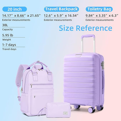 LARVENDER Luggage Sets 3 Piece, Hardside PP Carry On Suitcase with 360° Spinner Wheels TSA Lock Luggage Sets for Women, Lavender