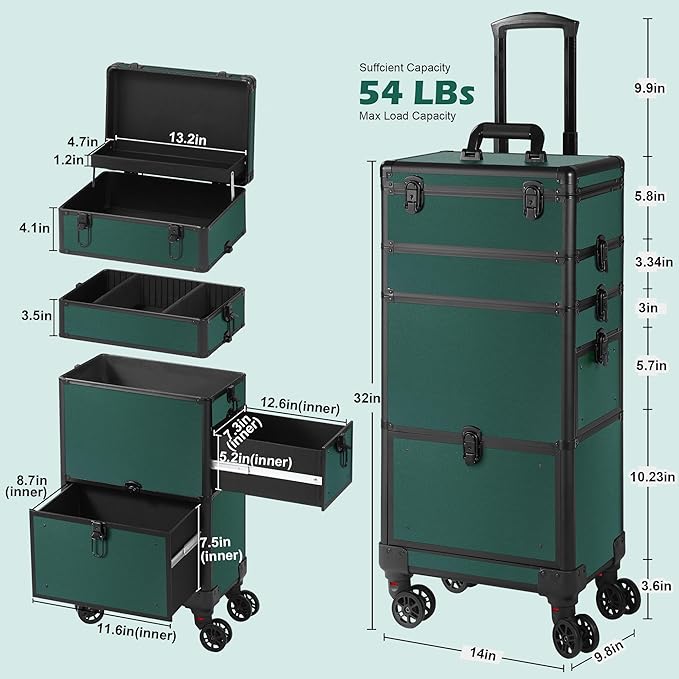 Makeup Train Case with Drawer, Rolling Makeup Case, Cosmetology Case on Wheels, Gift, Travel Makeup Organizers, Profesional Cosmetic Case for Salon Barber,Nail,Tattoo,Green