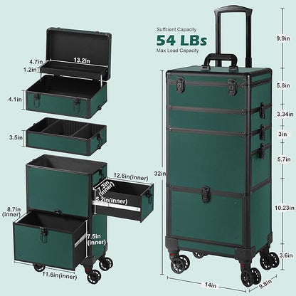 Makeup Train Case with Drawer, Rolling Makeup Case, Cosmetology Case on Wheels, Gift, Travel Makeup Organizers, Profesional Cosmetic Case for Salon Barber,Nail,Tattoo,Green